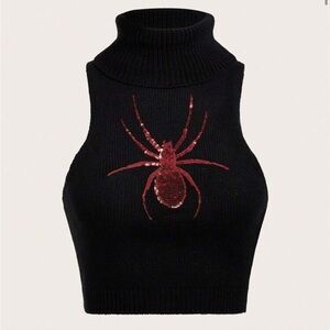 SHEIN Black Turtleneck Sweater with Red Spider Design
